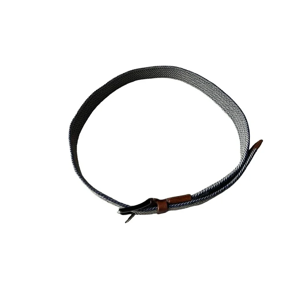 Tommy Hilfiger Woven Stretch Belt Blue Gray Brown Leather Size L/XL Made in DR